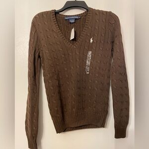 Ralph Lauren Brown V-Neck Cable Knit Sweater